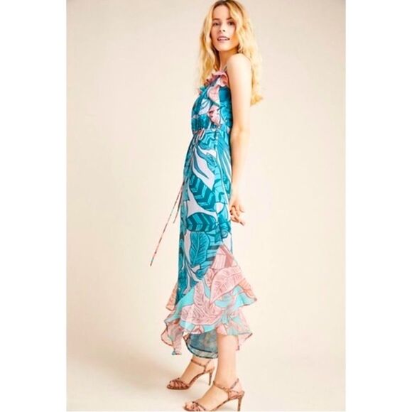 FARM Rio Ruffled Botanical Maxi Dress Contrasting Leaf Print Teal Pink Size LP - Picture 2 of 13